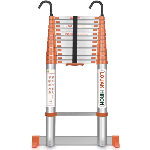 5,1M Alu Teleskopleiter mit Haken Ausziehbare Leiter Klappleiter mit Stabilisator Stehleiter Rutschfester, aus hochwertigem Aluminium, Ausziehleiter Mehrzweckleiter (orange) von LOUAK&HIRON