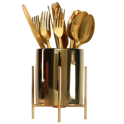 LOUIE SILNA Besteckhalter Aus Keramik, Löffelhalter Mit Metallrahmen, Goldener Küchenutensilienhalter, Geeignet Für Zuhause, Küchenarbeitsplatte, Party, Abendessen und Restaurant von LOUIE SILNA