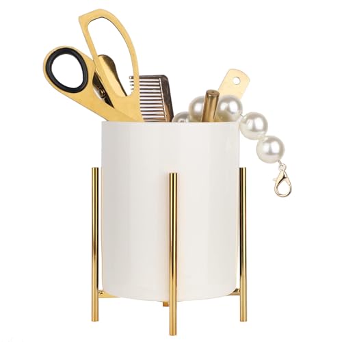 LOUIE SILNA Stiftehalter, Keramik mit Metall Stifteköcher,Schminktisch organizer, Rund Stiftehalter Schreibtisch, Stiftebecher Stifte Halter für Büro/heim, Stifte Aufbewahrung(15CM * 10CM) von LOUIE SILNA