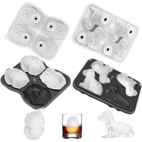 LOULANLUXE Große Silikon Eiswürfelform mit Deckel, 4-Fach Eule-Eiswürfelform und Hunde-Eiswürfelform, Wiederverwendbar Silicone Ice Cube Tray, Spülmaschinenfest, für Cocktails, Whisky, Longdrinks von LOULANLUXE