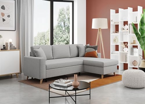 UsineStreet LOUNGITUDE - Maria Scandinavie, Ecksofa, wendbar, ausziehbar, 4-Sitzer, Truhe, aus Stoff, Hellgrau, Länge 227 cm von LOUNGITUDE