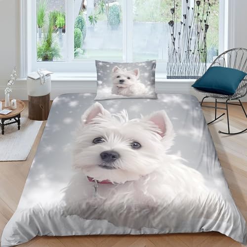 LOUSON 3D-bedrucktes Bettbezug-Set mit süßem Hund, Premium-Soft-Bettwäsche-Set, kühlender Tier-Bettbezug, Bettbezug mit 1 Kissenbezug, Einzelbett (135 x 200 cm) von LOUSON