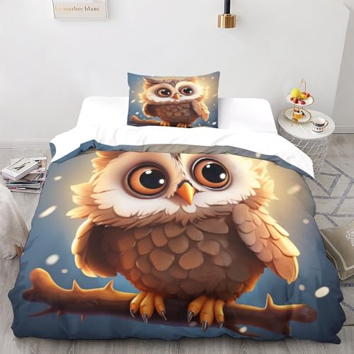 LOUSON Eulen Bettwäsche Set 2 Teilig Mit Reißverschluss Weiche Und Angenehme Schlafkomfort Microfaser Niedlich Karikatur Vogel Bettbezug Mit Kissenbezug Single（135x200cm） von LOUSON