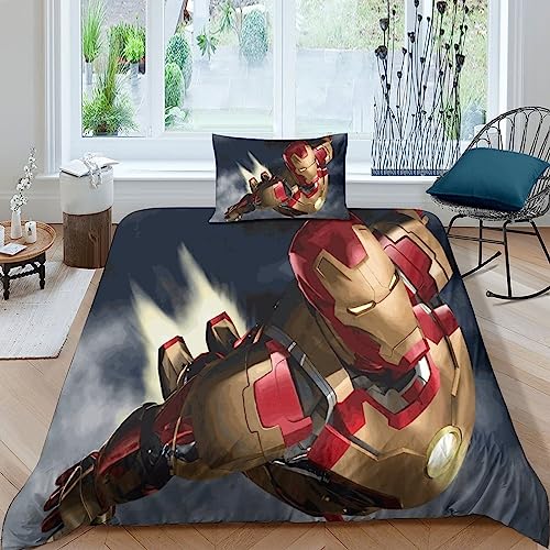 LOUSON Iron Man Bettwäsche 3D Bettbezug Set Mit Reißverschluss Und Kissenbezug, Mikrofaser Bettbezüge 3 Teilig Für Erwachsene Kinder Single（135x200cm） von LOUSON