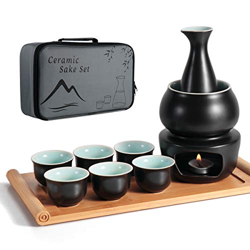 Keramik Sake Set + Warmer Pot Bambus Tablett, Herd Safe Keramik Hot Saki Drink, 10 Stück Inklusive Herd Wärmeschale Sake Flaschen Tablett 6 Tasse + Sake Aufbewahrung Geschenkbox von LOUTYTUO