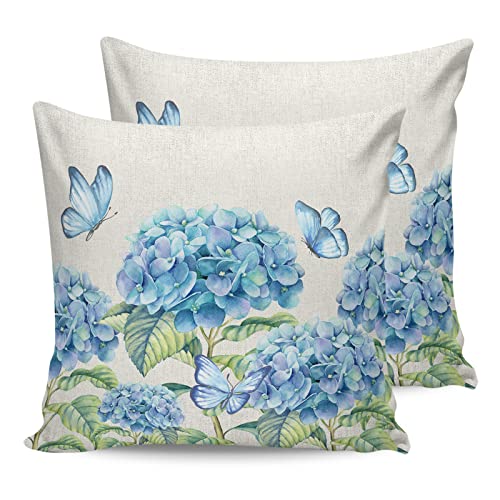 Farm Outdoor Kissenbezug, blaue Hortensien, Blume, Schmetterling, wasserdichte Kissenbezüge, 2 Stück, Aquarell, Blumenmuster, Vintage-Leinen, Kissenbezüge, Sofa, 45.7x45.7 cm Farm Outdoor Kissenbezug, blaue Hortensien, Blume, Schmetterling, wasserdichte Kissenbezüge, 2 Stück, Aquarell, Blumenmuster, Vintage-Leinen, Kissenbezüge, Sofa, 45.7x45.7 cm von LOVE HOME DAY