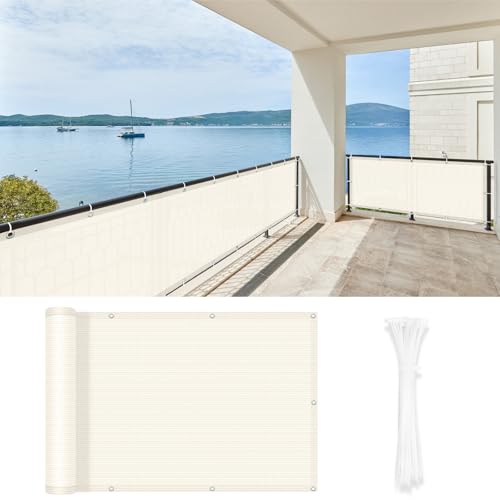 LOVE STORY Balkon-Sichtschutz 100x300cm mit HDPE-Gewebe,Luftdurchlässige Netz-Balkonverkleidung mit UV-Schutz und Kabelbindern zur Befestigung,Cremeweiß von LOVE STORY