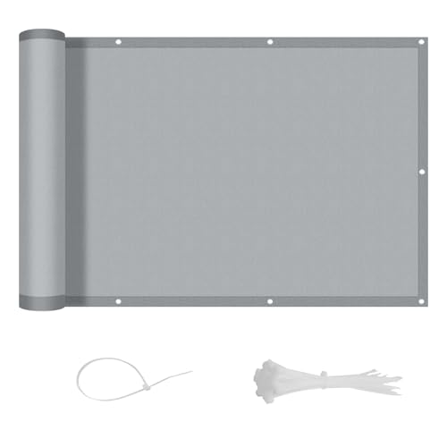 LOVE STORY Balkon Sichtschutz Wetterfest 90x300cm, PES Balkonabdeckung Balkonbespannung Balkonumspannungen Balkonverkleidung, Blickdicht Windschutz,mit Kabelbindern für Außengeländer,Grau von LOVE STORY