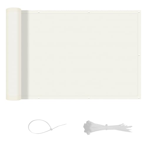 LOVE STORY Balkon Sichtschutz Wetterfest 100x600cm, PES Balkonabdeckung Balkonbespannung Balkonumspannungen Balkonverkleidung, Blickdicht Windschutz,mit Kabelbindern für Außengeländer,CremeWeiß von LOVE STORY