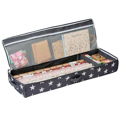 LOVE IT STORE IT Aufbewahrungstasche für Geschenkpapier - Organizer für Geschenkpapierrollen - Mit Fächern für Geschenkbänder - Grau mit Sternen - 90x30x12 cm von LOVE !T STORE !T