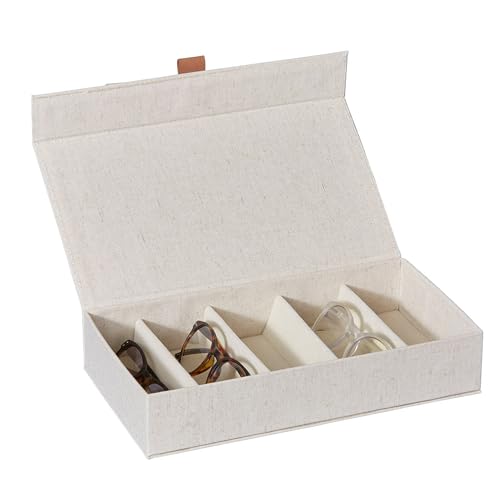 LOVE IT STORE IT Premium Aufbewahrungsbox für Brillen - Brillenbox aus Leinen-Baumwoll-Mix, innen Samt - Verstärkt mit Holz - Mit 5 Fächern - Beige - 30x17x6 cm von LOVE !T STORE !T