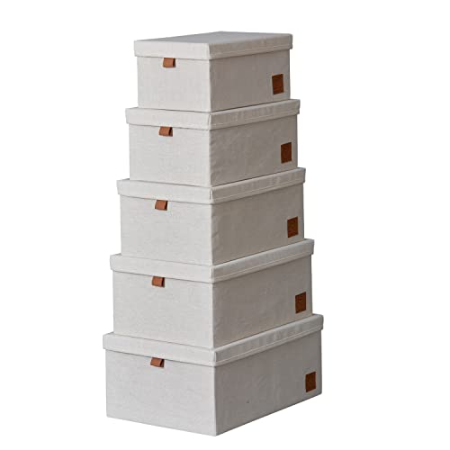 LOVE IT STORE IT Premium Aufbewahrungsboxen mit Deckel 5-teilig - Boxen-Set aus Baumwoll-Leinen Stoff - Verstärkt mit Holz, sehr stabil - Beige - 5 verschiedene Größen von LOVE !T STORE !T