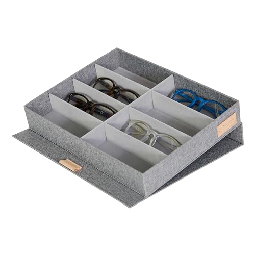 LOVE IT STORE IT Premium Brillenbox für 8 Brillen - Aus Leinen Stoff - Brillenaufbewahrung und Präsentation - Verstärkt mit Holz - Hellgrau - 32x25x5,5 cm von LOVE !T STORE !T