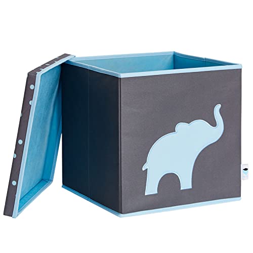 LOVE IT STORE IT Ordnungsbox mit Deckel - Kiste für Regal aus Stoff - Verstärkt mit Holz -Quadratisch und stabil - Grau mit blauem Dino - 33x33x33 cm von LOVE !T STORE !T