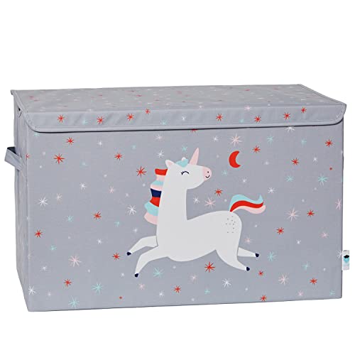 LOVE IT STORE IT Spielzeugtruhe mit Deckel - Aufbewahrungsbox groß aus Stoff - Verstärkt mit Holz - Robust und stabil - Grau mit Einhorn - 62x38x39 cm von LOVE !T STORE !T