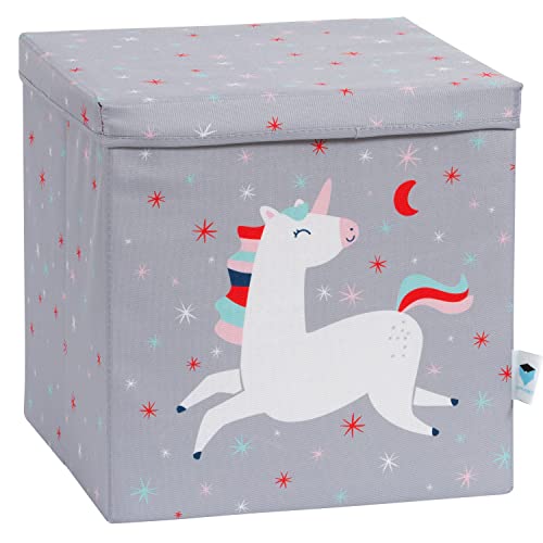 LOVE IT STORE IT Aufbewahrungsbox mit Deckel - Spielzeugkiste aus Stoff - Verstärkt mit Holz - Quadratisch und stabil - Grau mit Einhorn - 33x33x33 cm von LOVE !T STORE !T