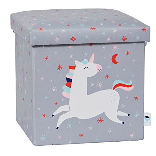 LOVE IT STORE IT Sitzhocker mit Stauraum - Kiste mit Deckel aus Stoff - Verstärkt mit Holz - Belastbar bis 150 kg - Grau mit Einhorn - 35x35x35 cm von LOVE !T STORE !T