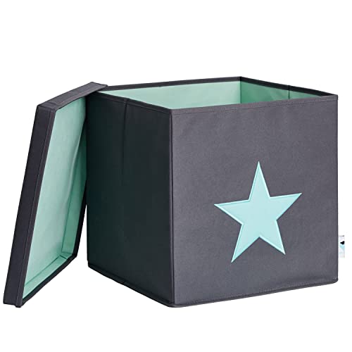LOVE IT STORE IT Aufbewahrungsbox mit Deckel - Kiste für Regal aus Stoff - Verstärkt mit Holz, belastbar bis 30 kg - Abwaschbar - Grau mit grünem Stern - 33x33x33 cm von LOVE !T STORE !T