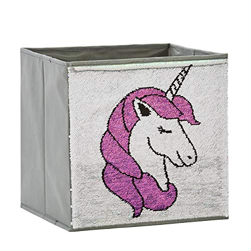 LOVE IT STORE IT Aufbewahrungsbox für Kinder - Spielzeugbox mit Wendepailetten - Verstärkt mit Karton - Grau mit Einhorn in türkis oder rosa - 32x32x32 cm von LOVE !T STORE !T