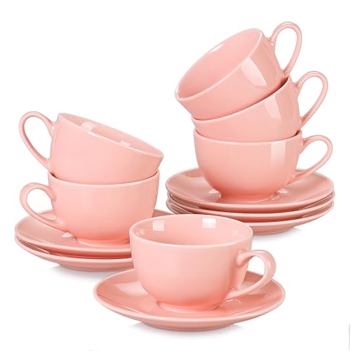 Kaffeeservice porzellan, LOVECASA SWEET 12-teilige Kaffeetassen mit Untertassen, Cappuccino Tassen für 6 Personen, 230 ml, pink Farbe von LOVECASA