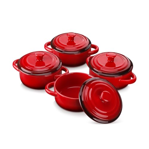LOVECASA Auflaufförmchen aus Steinzeug, 4 teilige Souffle Förmchen mit Deckel, Mini Cocotte, Kleine Auflaufform, Steinzeug mit Griffen zum Backen, Souffle von LOVECASA