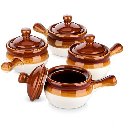 LOVECASA Französische Zwiebel, French Onion Soup Crocks, 4 Stück Steingut Zwiebelsuppe Schalen Set, 600ml Soup Bowls with Handles Soup Bowls with Lids for Soup für Zwiebelsuppe, Eintöpfe, Kasserollen von LOVECASA