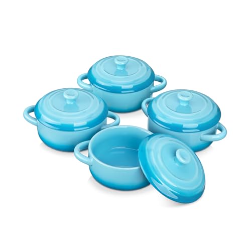 LOVECASA Kleine Auflaufform aus Steinzeug, 4 x 380 ml Mini-Cocotte mit Deckel, Souffle Förmchen Backofenfest, Suppentassen mit Henkel für Soufflé, Muffins, Mikrowellen und Spülmaschinenfest - Blau von LOVECASA