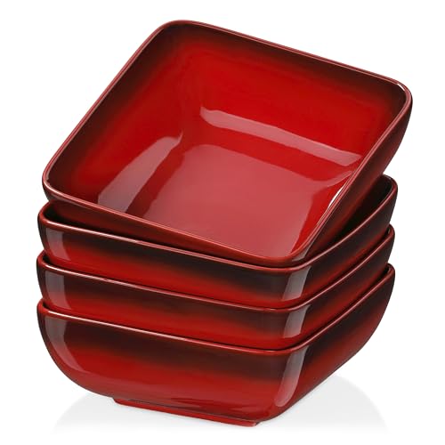 LOVECASA Tafelservice, 4er Set quadratische Schalen aus Steinzeug, Müslischalen, Suppenschalen, Dessertschale, Schüssel Set für 4 Personen, 800ML, rot von LOVECASA