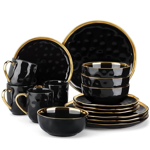 LOVECASA Tafelservice Set, Serie Apollo, 16-teilig SWEET Geschirrset aus Porzellan, Schwarz Geschirr Set mit Goldrand, Kombiservice für 4 Personen mit Speiseteller, Dessertteller, Schalen und Tassen von LOVECASA