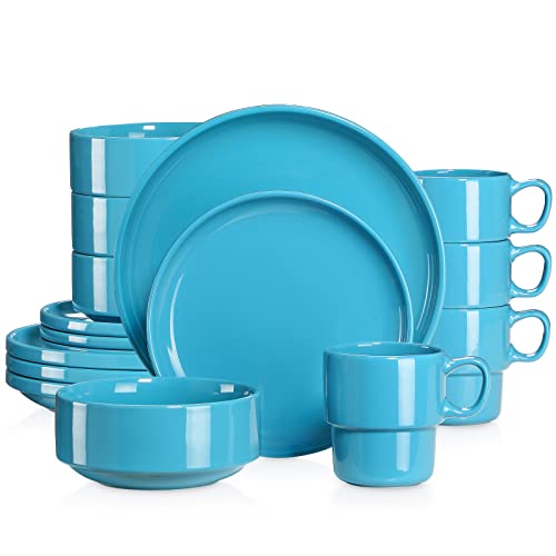 LOVECASA Tafelservice porzellan, 16-teiliges Kombiservice Set, Ess Geschirrset für 4 Personen | Speiseteller, Tassen, Dessertteller und Schüsseln, Marineblau von LOVECASA