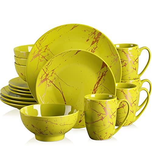 Tafelservice porzellan, LOVECASA SWEET 16-teiliges Kombiservice Set, Ess Geschirrset mit Goldspritzer Design, für 4-12 Personen, VCP-GDS11, Grün von LOVECASA