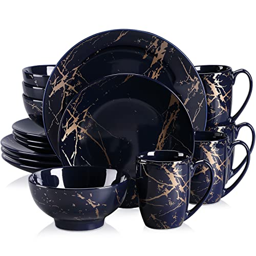 LOVECASA Tafelservice porzellan, Serie Daphne, SWEET 16-teiliges Kombiservice Set, Ess Geschirrset mit Goldspritzer Design, Speiseteller, Dessertteller, Müslischalen und Kaffeetassen für 4 Personen von LOVECASA