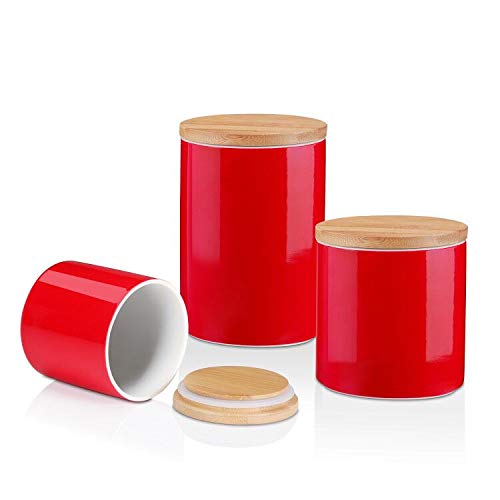 LOVECASA Vorratsdosen Set, Vorratsbehälter Porzellan mit Luftdichtem Verschluss Bambusdeckel, 3er Set, Rot von LOVECASA