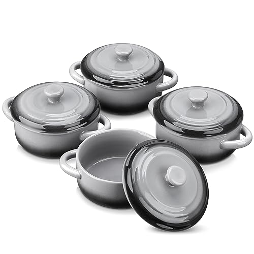 LOVECASA 420 ml Auflaufförmchen aus Steinzeug, 4 teilige Souffle Förmchen mit Deckel, Mini Cocotte, Kleine Auflaufform, Steinzeug mit Griffen zum Backen, Souffle, Innendurchmesser 11 cm von LOVECASA