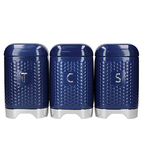 KitchenCraft Lovello Vorratsdosen für Tee, Kaffee und Zucker in Geschenkbox, strukturierte sechseckige Oberfläche, Stahl, Mitternachtsmarine, Dunkelblau von KitchenCraft