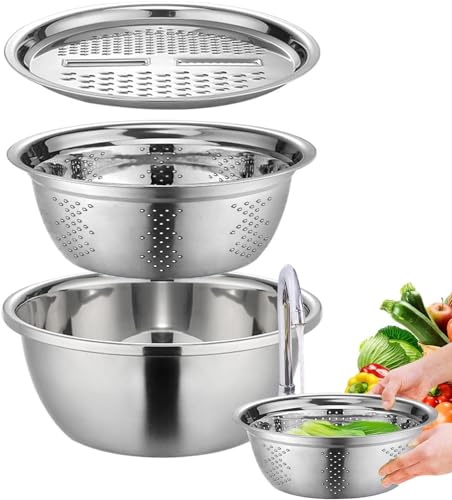 PRETTYLE Multifunktionales Edelstahlbecken | Edelstahl Küchenreibe Abflusskorb Und Behälter Schüssel | Rührschüssel Set Mit Sieben, Reiben Und Behälter | Edelstahl Seiher Und Schüsselset Küchensieb von PRETTYLE