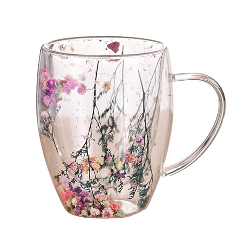 Doppelwandige Glastasse | 350ml Doppelwandige Glasbecher Tasse Mit Trockenen Blumen | Hitzebeständige Isolierte Trockenblumenbecher | Getrocknete Blumen, Doppelwandige Glastasse Mit Griff von LOVEMETOO