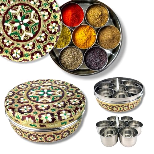 LOVENSPIRE Meenakari Dekorative schwere Stahl Gewürzbox Schmuckbox Geschirr | Küche | Gewürzbox | Masala Dabba | Indische Masala Box von LOVENSPIRE