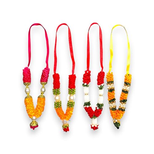 LOVENSPIRE Set mit 4 Stück (10,2 cm) - Mini-Idol Mala, Makhamali Bhagwan Haar, künstliche indische Pooja-Girlande, Diwali-Puja-Artikel, Krishna-Dekor, rote Blumengirlanden von LOVENSPIRE