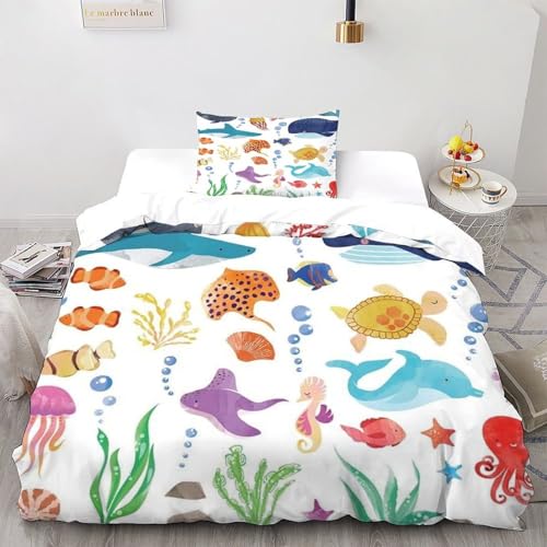 LOVEROGD Wal Fisch Bettwäsche Set Kinderbettwäsche Reißverschluss Mit Kissenbezug Animal Theme Marine Animal Betten Set Für Jugendliche Kinder Schlafzimmer Single（135x200cm） von LOVEROGD