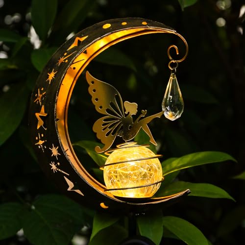 LOVERUIS Elfe solarleuchten für außen Garten fairy solarlampen, Mond Engel mit Glaskugel Deko, Wasserdicht Warm LED Licht Dekorationen für Weg Rasen Terrasse Hof lichterkette von LOVERUIS