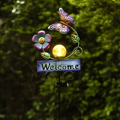 LOVERUIS Garten Solar Außenleuchten Schmetterling Licht mit Crackle Ball Ornamente IP65 Wasserdicht Laternen Dekorative Draußen Balkon Willkommen Tür Zeichen mit Blume Schmetterling Rasen Licht von LOVERUIS