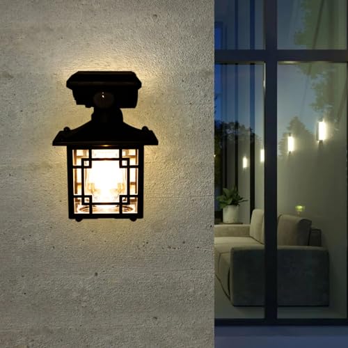 LOVERUIS Körper-Sensor Solar Außenwandleuchten mit Bewegungsmelder Schwarz Wandhalterung Laterne Licht Wasserdicht Rustikale Garten Dekorative Lampe für Veranda Balkon Terrasse Garage Lampe von LOVERUIS
