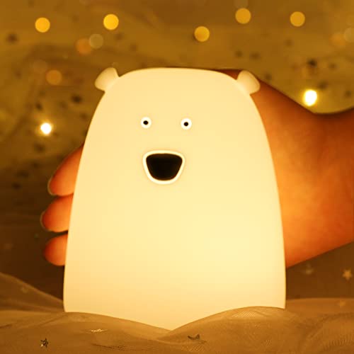 LOVERUIS Bären-Nachtlicht für Kinder, 7 farbwechselnde LED-Baby-Lampe, wiederaufladbares Silikon-Tier-Nachtlicht für Kinderzimmer und Kleinkinder (kleiner weißer Bär) von LOVERUIS