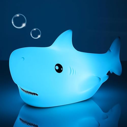 LOVERUIS Hai Nachtlicht Kinder, 7 Farbwechsel LED Tragbare Touch Baby Lampe, USB aufladbar Silikon Tier Nachtlicht für Kinder Kindergarten Kleinkind (Hai) von LOVERUIS