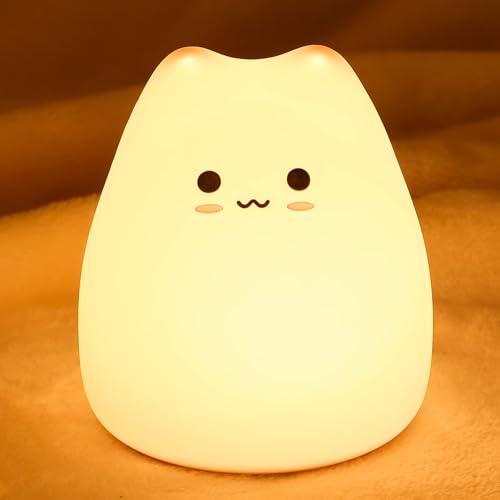 LOVERUIS Katzen Nachtlicht Kinder, 7 Farbwechsel LED Tragbare Touch Baby Lampe, USB aufladbar Silikon Tier Nachtlicht für Kinder Kindergarten Kleinkind (Kleine süße Katze) von LOVERUIS