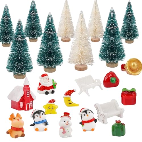 21 Stück Mini Weihnachtsbaum,Miniatur Weihnachtsbaum KüNstlicher Set Klein Tischdeko Schneemann Weihnachtsmann Rentier Ornamente Modell füR Garden Home Party Dorf Decor Kinder Geschenk Schaufenster von LOVEXIU