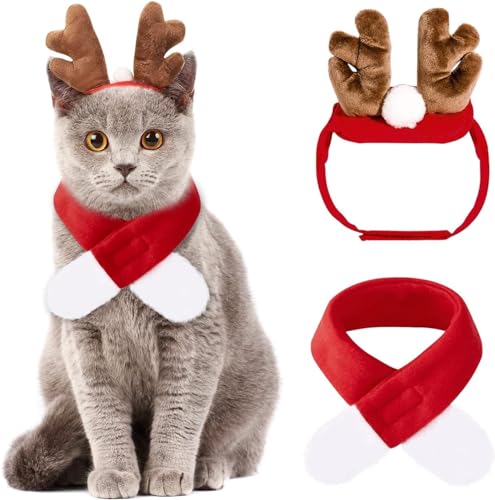 Katzen Weihnachtskostüm 2 Pcs,Kostüm für Katzen Weihnachten，Weihnachtsoutfit für Hunde,Hundekostüm Weihnachten,Rentier Stirnbänder&Schal Niedlich Roter für Weihnachten Haustier Kopfschmuck von LOVEXIU