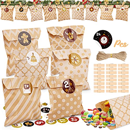 Weihnachtstüten Papier,24 Geschenksäckchen Weihnachten,Kraftpapier Tüten Weihnachten Klein,Weihnachtstüten Zum Befüllen,Weihnachtskalender Tasche,Für Zum Befüllen SüßIgkeiten Schokolade Geschenk Tüten von LOVEXIU