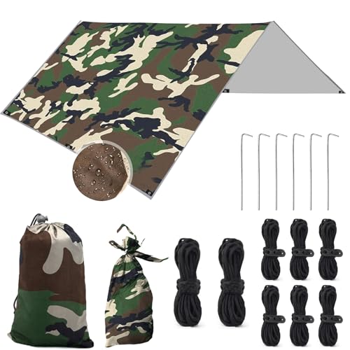 LOVICVEM Zeltplane,Tarp Wasserdicht 3x3, Anti-UV Sonnen Regen Schutz Schnee mit Ösen + 8 Erdnägel+ 8 Seilen, für Hängematten, Outdoor-Aktivitäten, Terrassen von LOVICVKEM